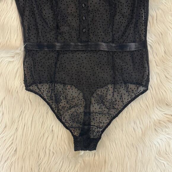 Victoria’s Secret Swiss Dot Bow Sheer Lace Bodysuit Mesh Short Sleeve Blouse - Picture 7 of 16